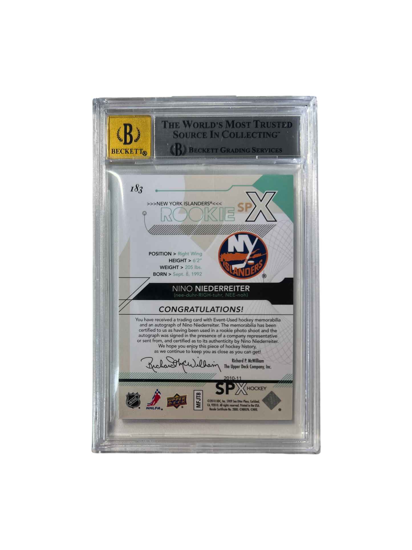 2010-2011 Upper Deck SPX Nino Niederreiter PATCH & AUTO Beckett BGS Card