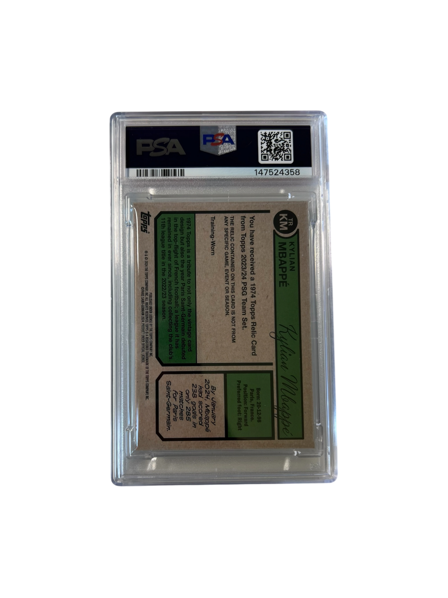 2023-24 Topps PSG Kylian Mbappé Patch Relic PSA Card