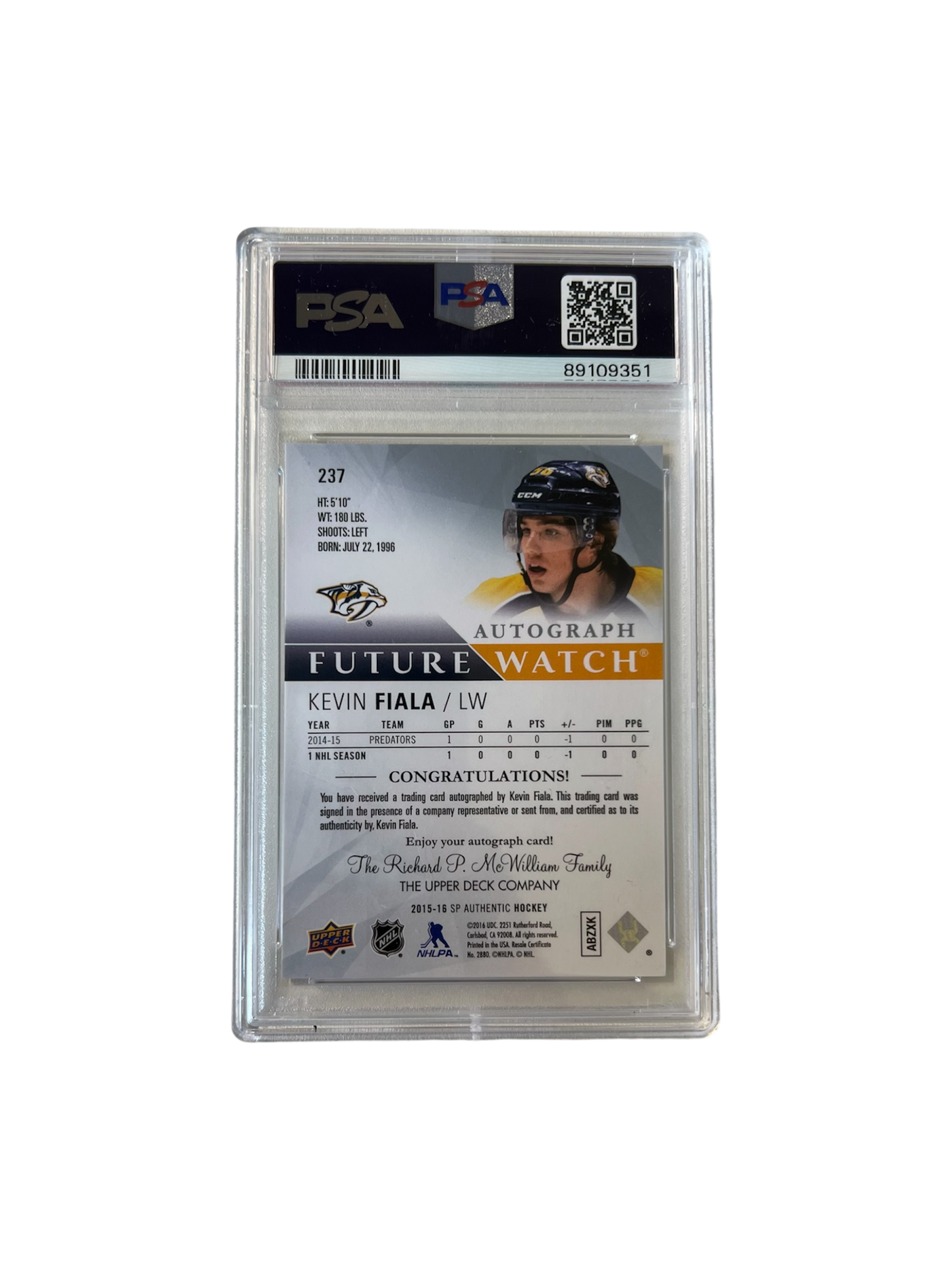 2015 Upper Deck Ultimate Collection Kevin Fiala Autograph PSA 9 card