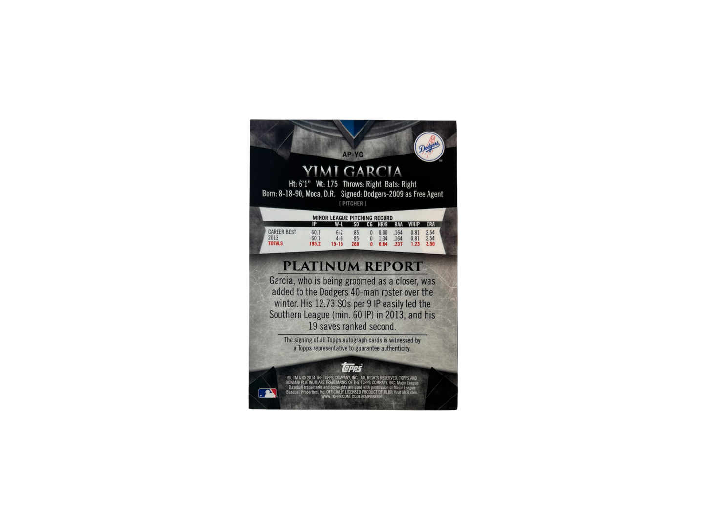 2014 Topps Los Angeles Dodgers Yimi Garcia AUTO card