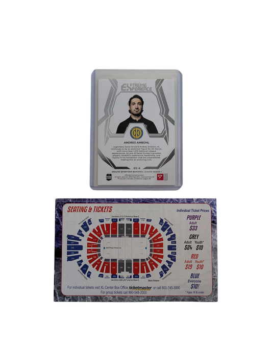 2024 SportZoo National League Series 1 HC Davos Andres Ambuhl Extreme Experience card + 2009 Hartford Wolfpack Mini Program