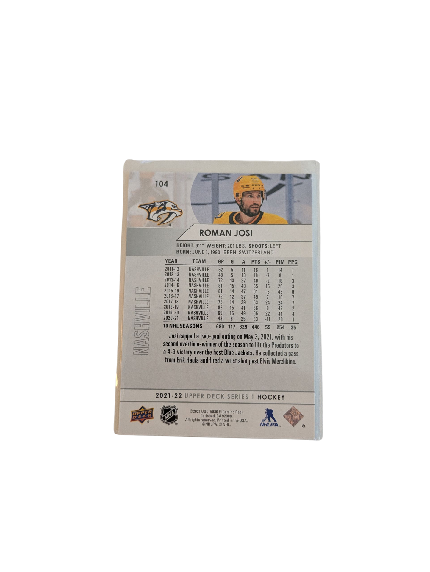 2021 Upper Deck Series 1 Nashville Predators Roman Josi #104 Card