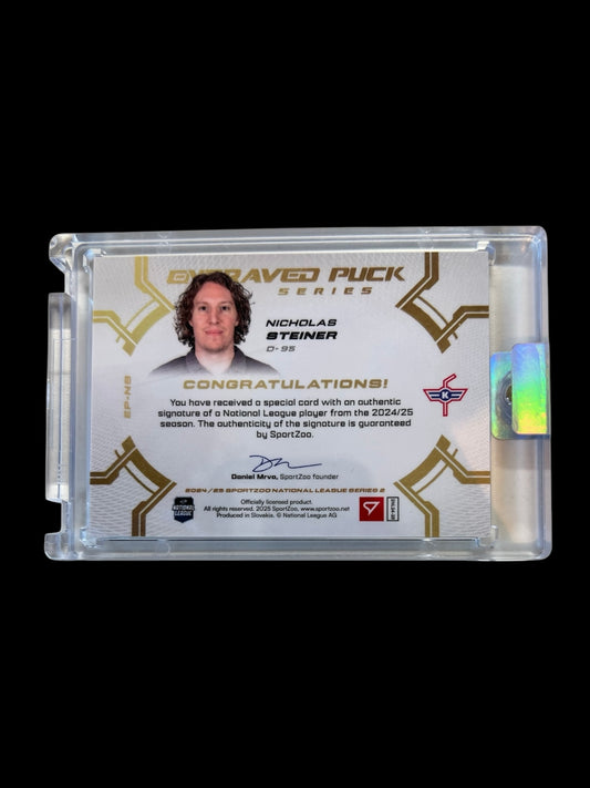 2025 SportZoo National League Series 2 Kloten Engraved Puck Nicholas Steiner /20 card