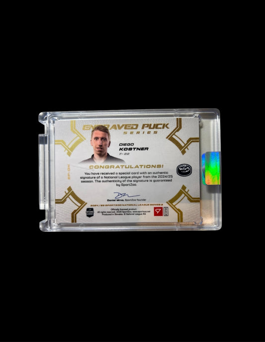2025 SportZoo National League Series 2 Ambri Piotta Engraved Puck Diego Kostner /20 card