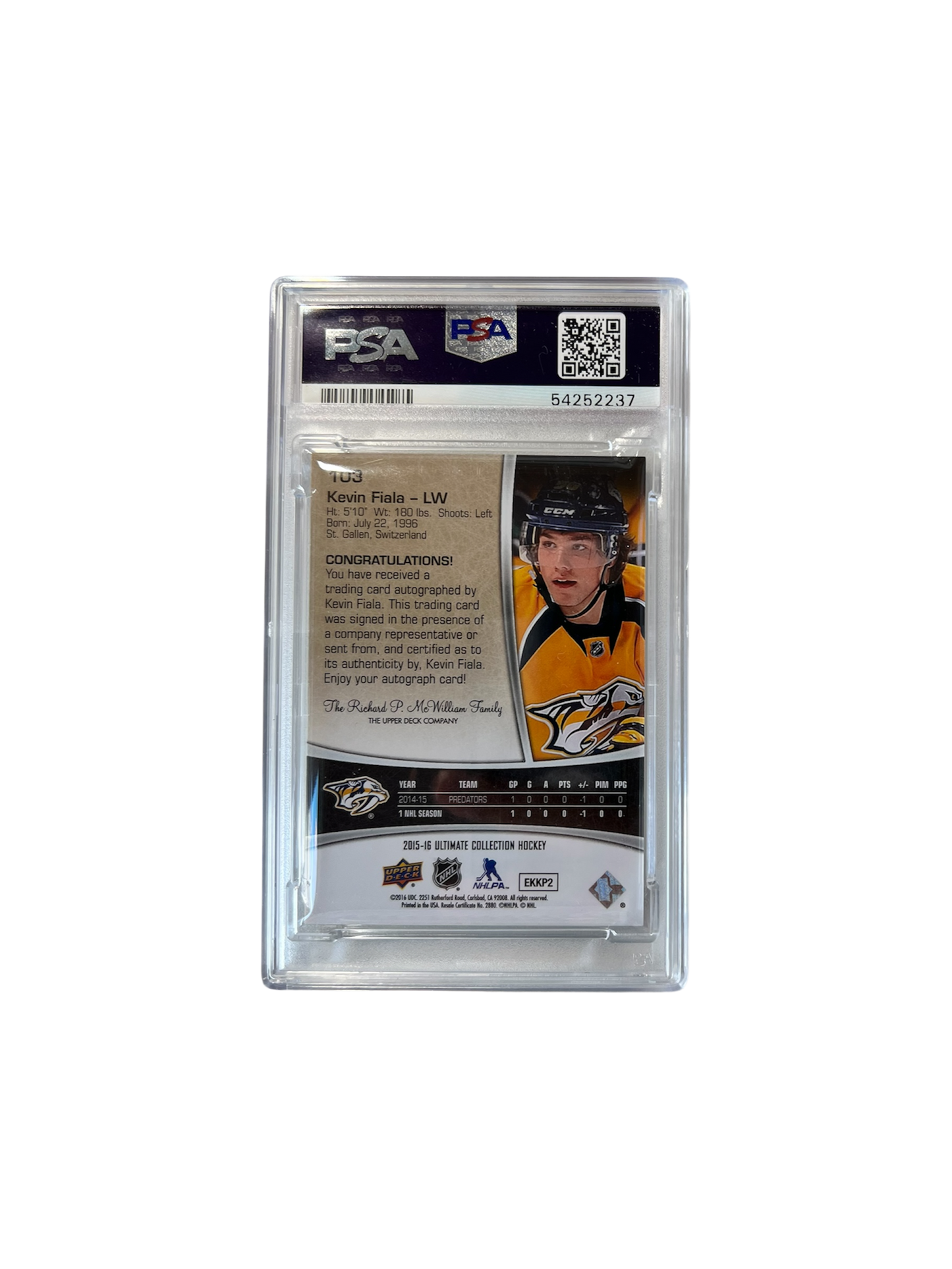 2015 Upper Deck Ultimate Collection Kevin Fiala Autograph PSA 9 card
