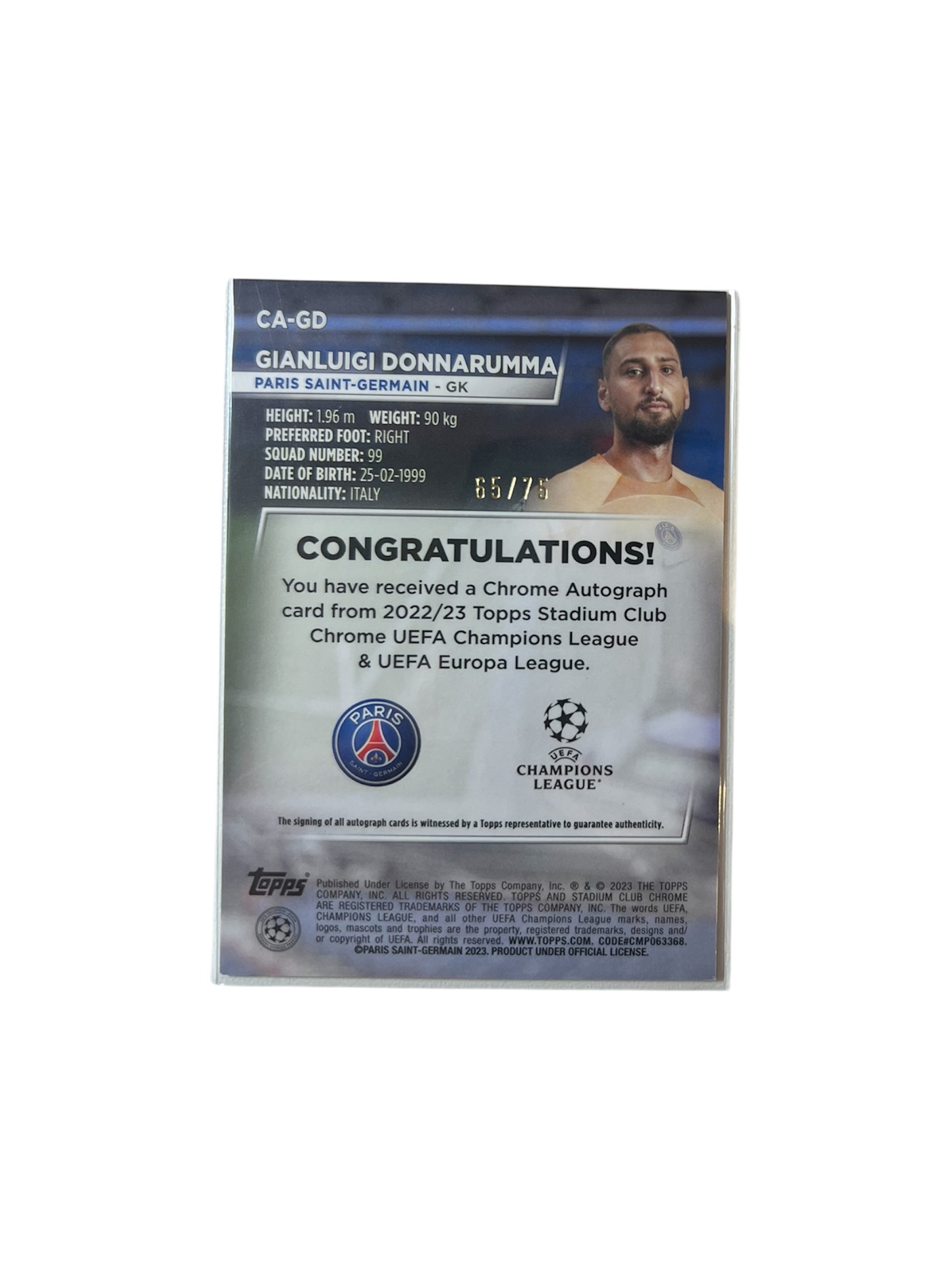2023 Topps Chrome Gianluigi Donnarumma AUTO /75 card