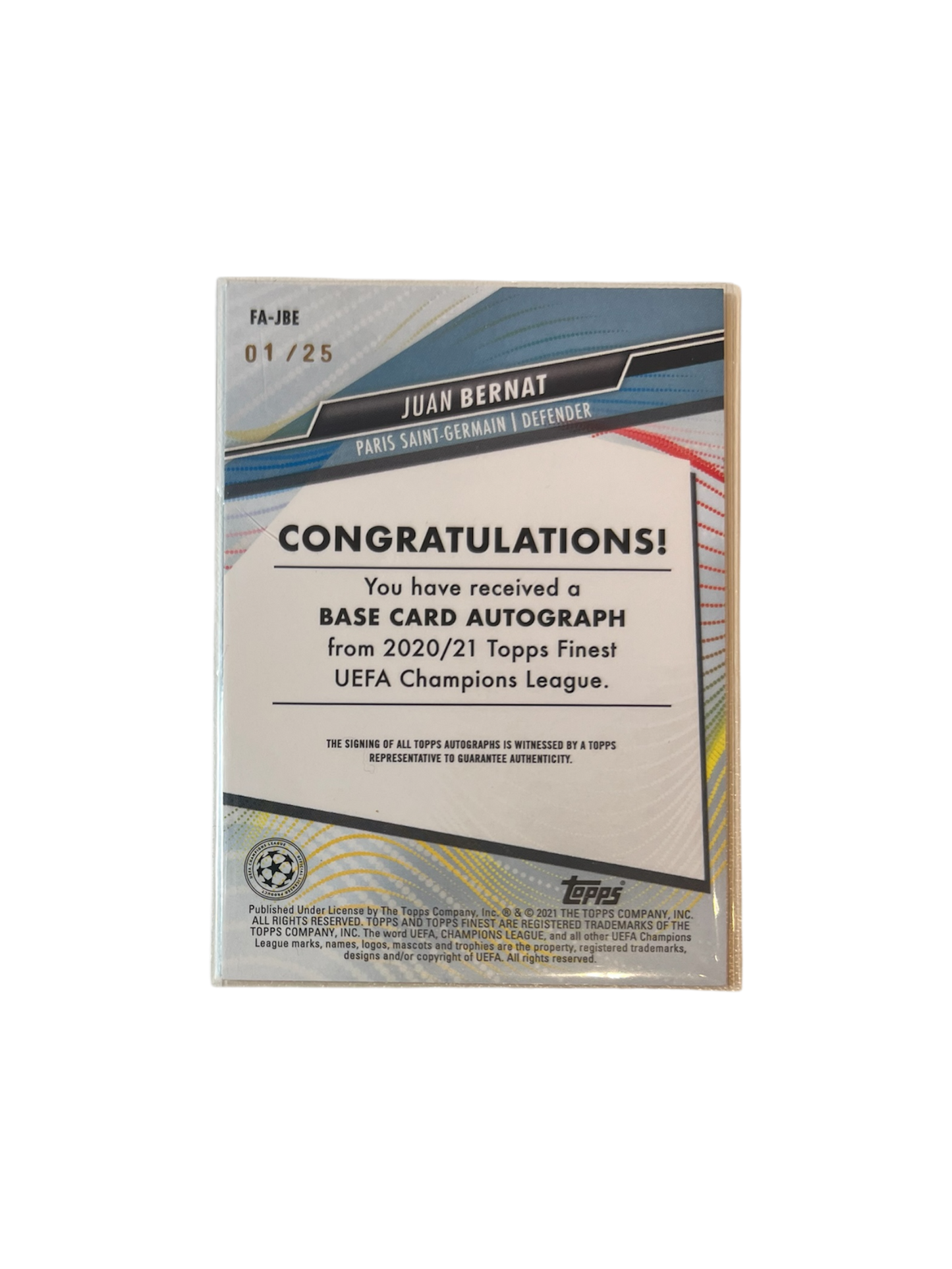 2021 Topps Finest Juan Bernat AUTO Orange /25 card