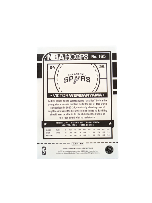 2024/25 Panini NBA Hoops San Antonio Spurs Victor Wembanyama #165 card