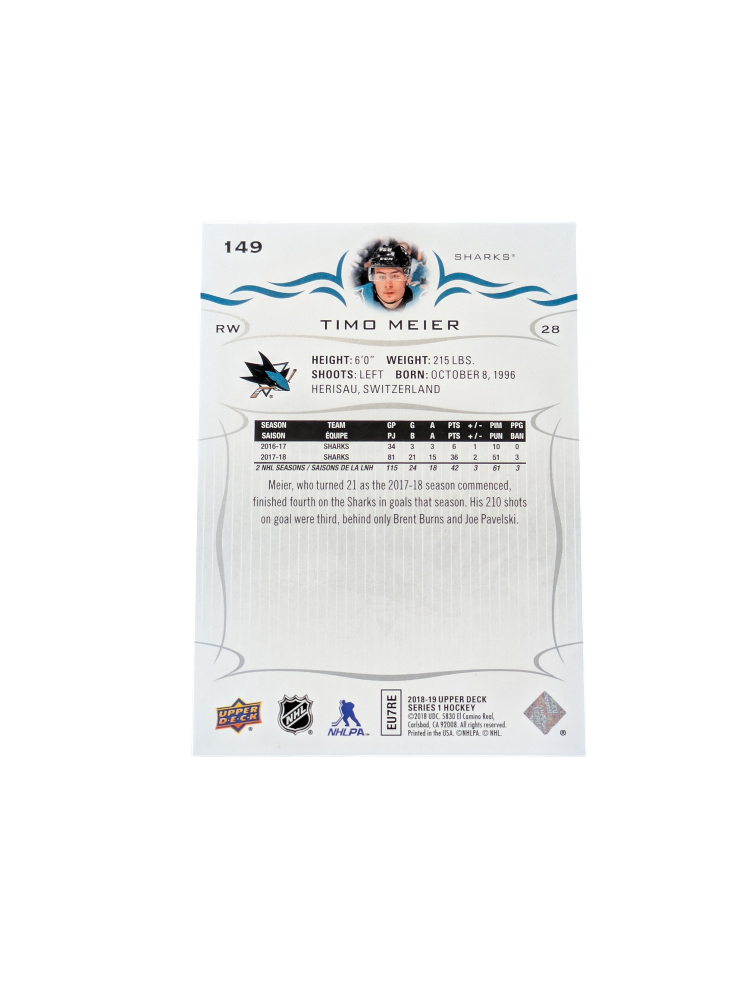 2018 Upper Deck Signature San Jose Shark Timo Meier #149 card