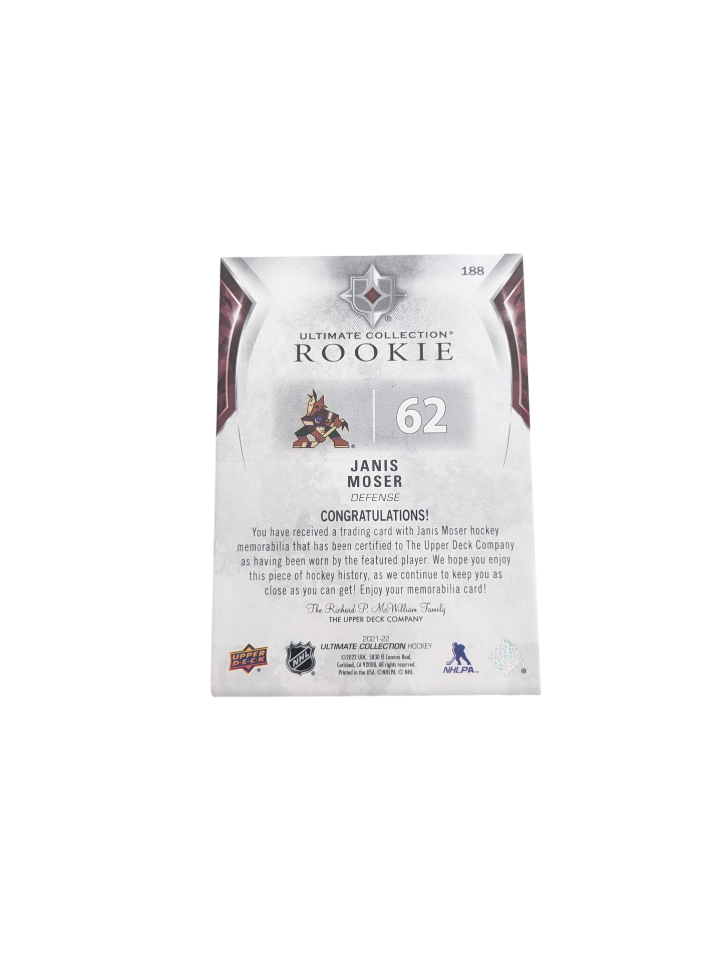 2022 Upper Deck Ultimate Collection Phoenix Coyotes Janis Moser Patch Rookie Card