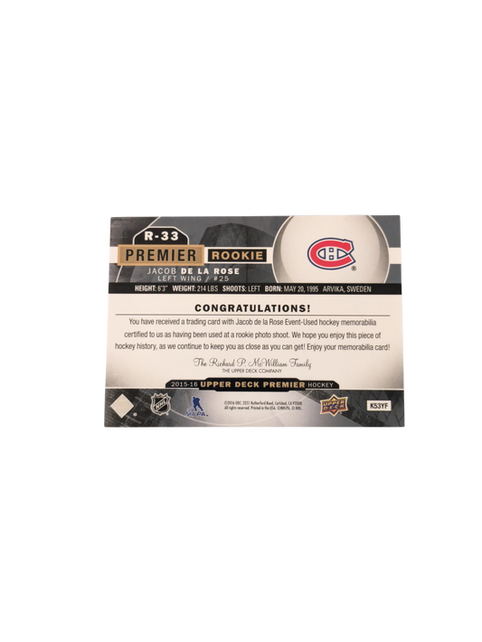 2016 Upper Deck Premier Montreal Canadiens Jacob de la Rose Rookie Patch card