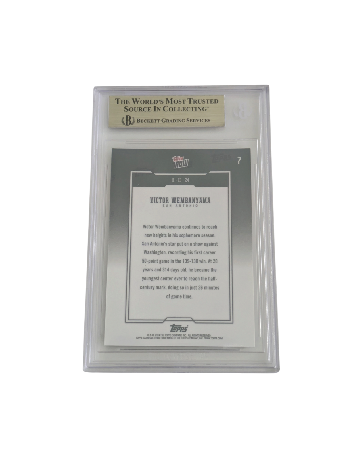 2024 Topps Now Victor Wembanyama 50 Points Beckett 9.5 Card