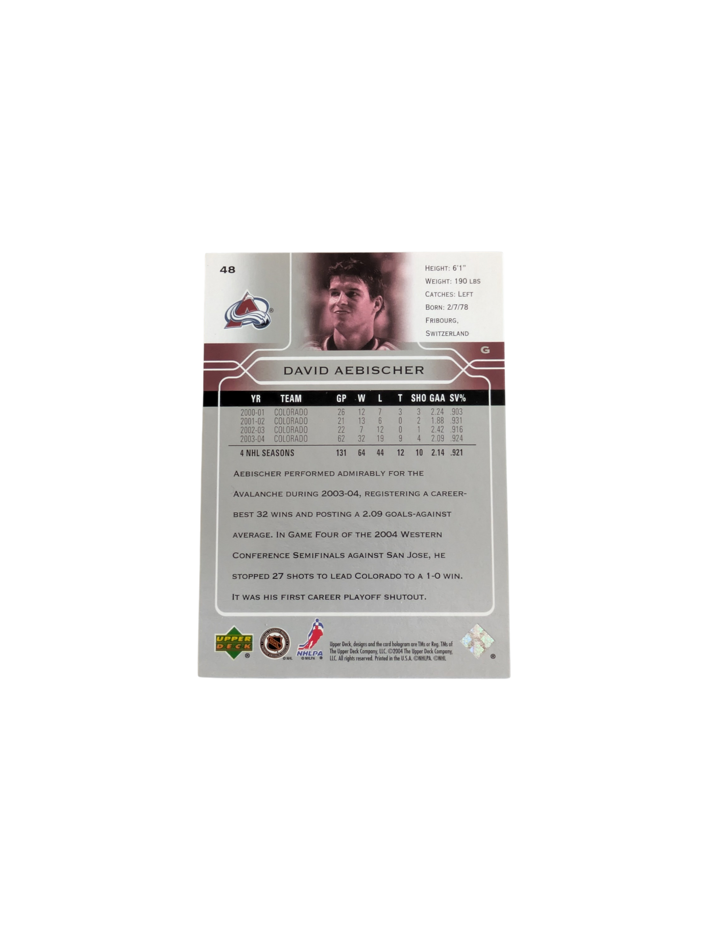 2004 Upper Deck Colorado Avalanche David Aebischer #48 card