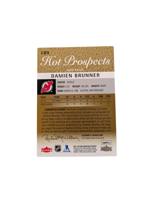 2013-14 Fleer Hot Prospects New Jersey Devils Damien Brunner Patch & Auto /375 card