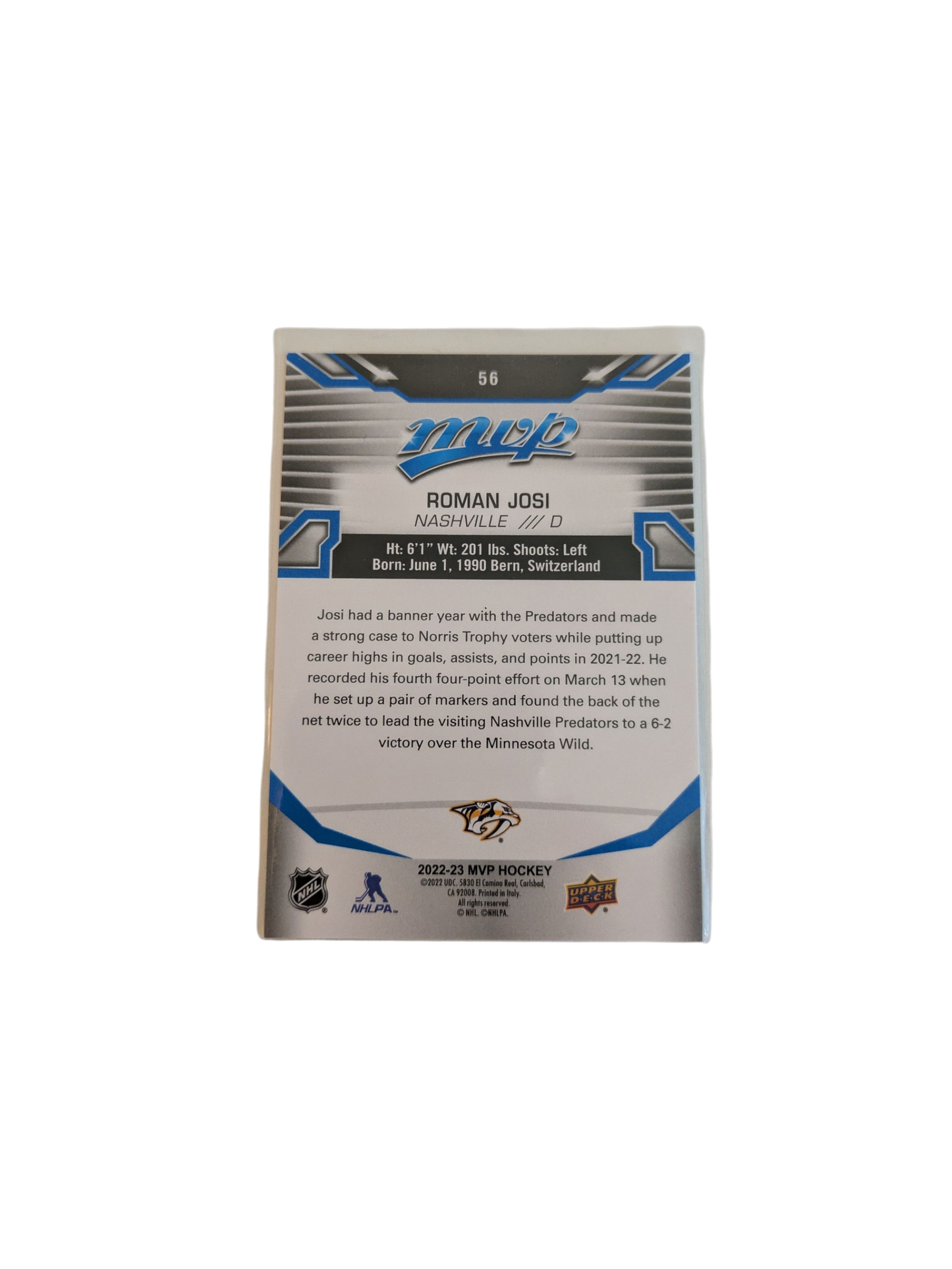 2023 Upper Deck MVP Nashville Predators Roman Josi #56 Card