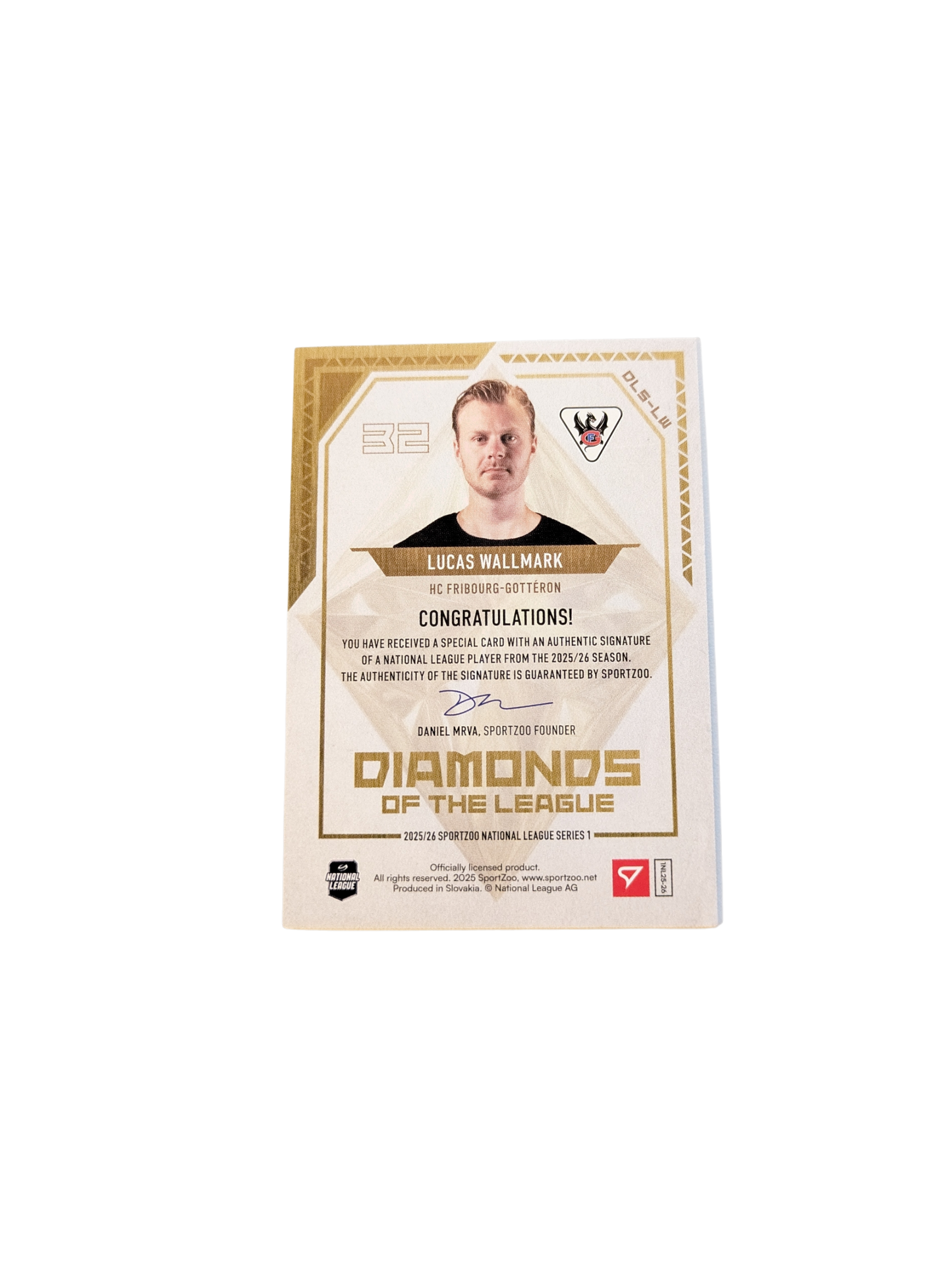 2026 SportZoo National League Diamonds Fribourg Gottéron Lucas Wallmark 22/30 Auto card