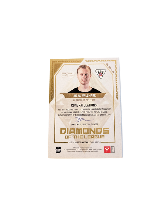 2026 SportZoo National League Diamonds Fribourg Gottéron Lucas Wallmark 22/30 Auto card