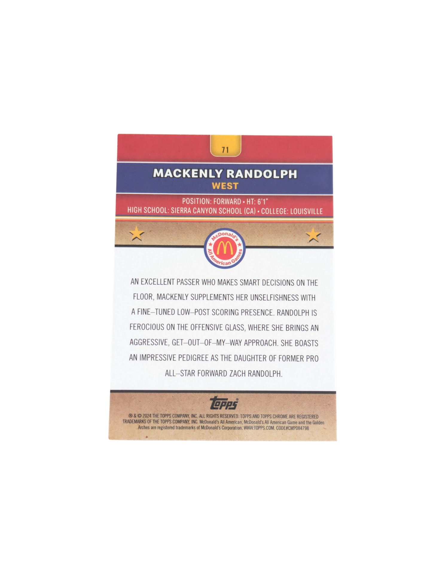 2024 Topps McDonald's All American Games Mackenly Randolph #71 Holo card