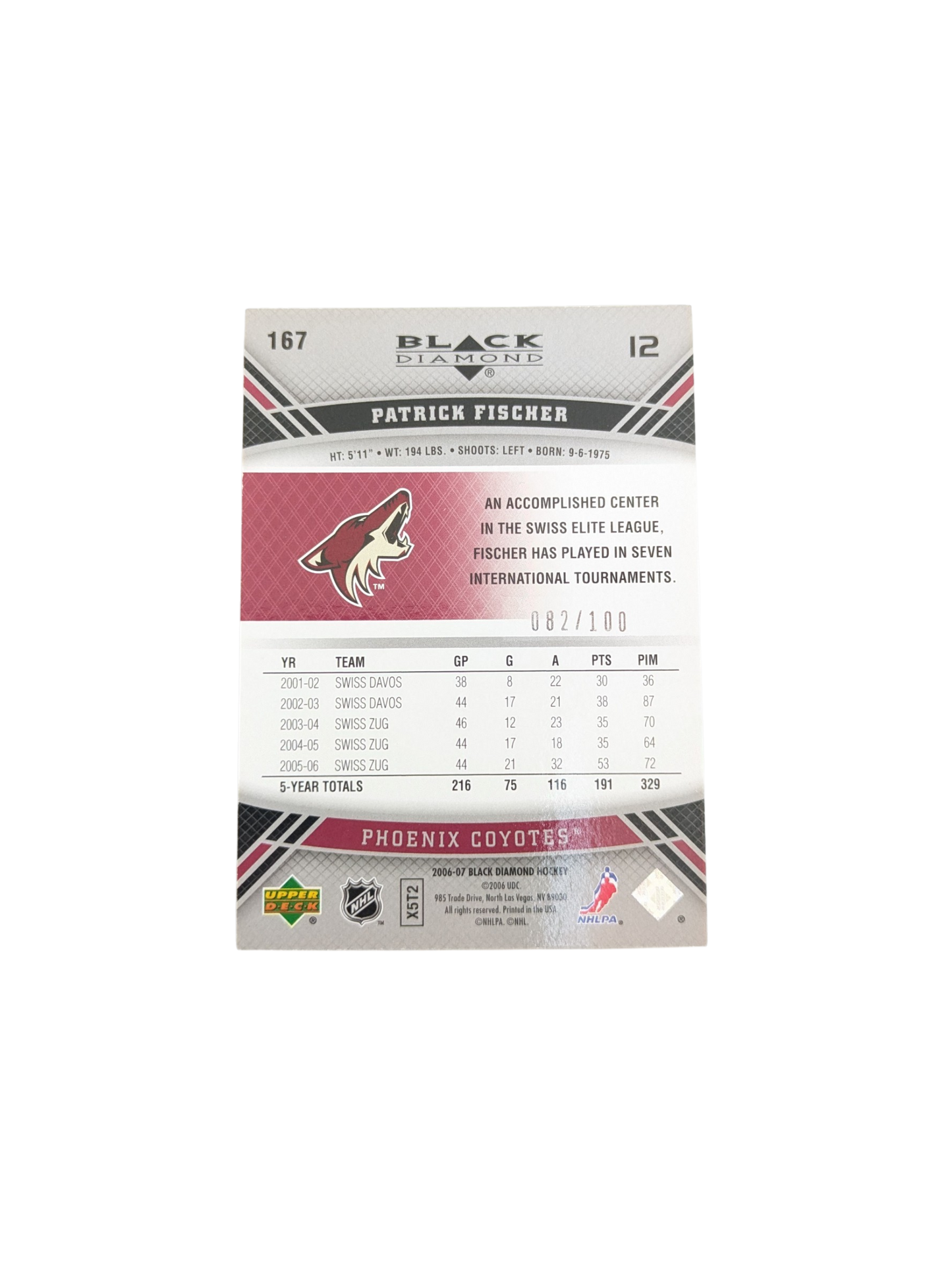 2006-07 Upper Deck Black Diamond Phoenix Coyotes Patrick Fischer #167 /100 card