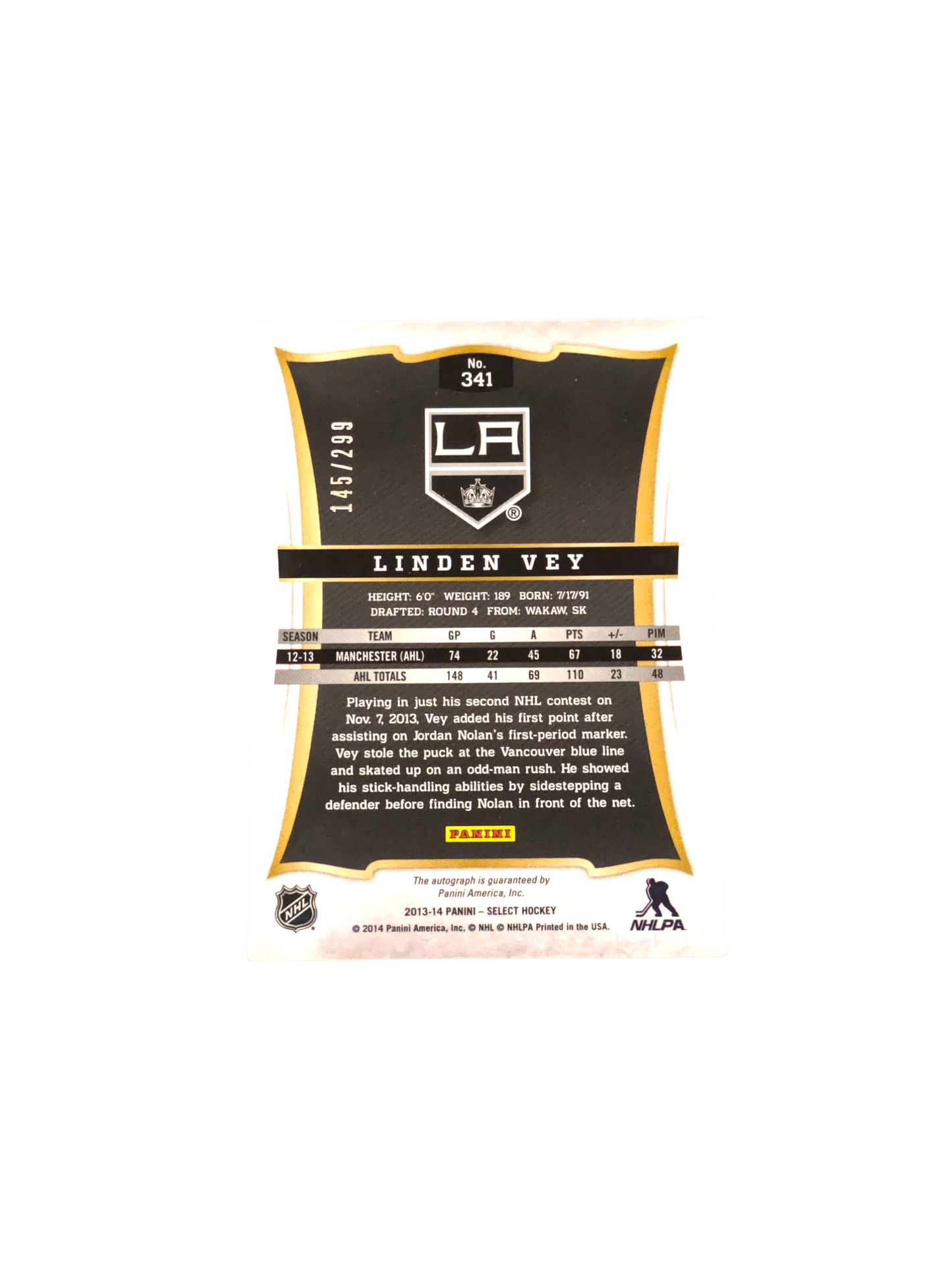 2013 Panini Select Los Angeles Kings Linden Vey Rookie Auto card