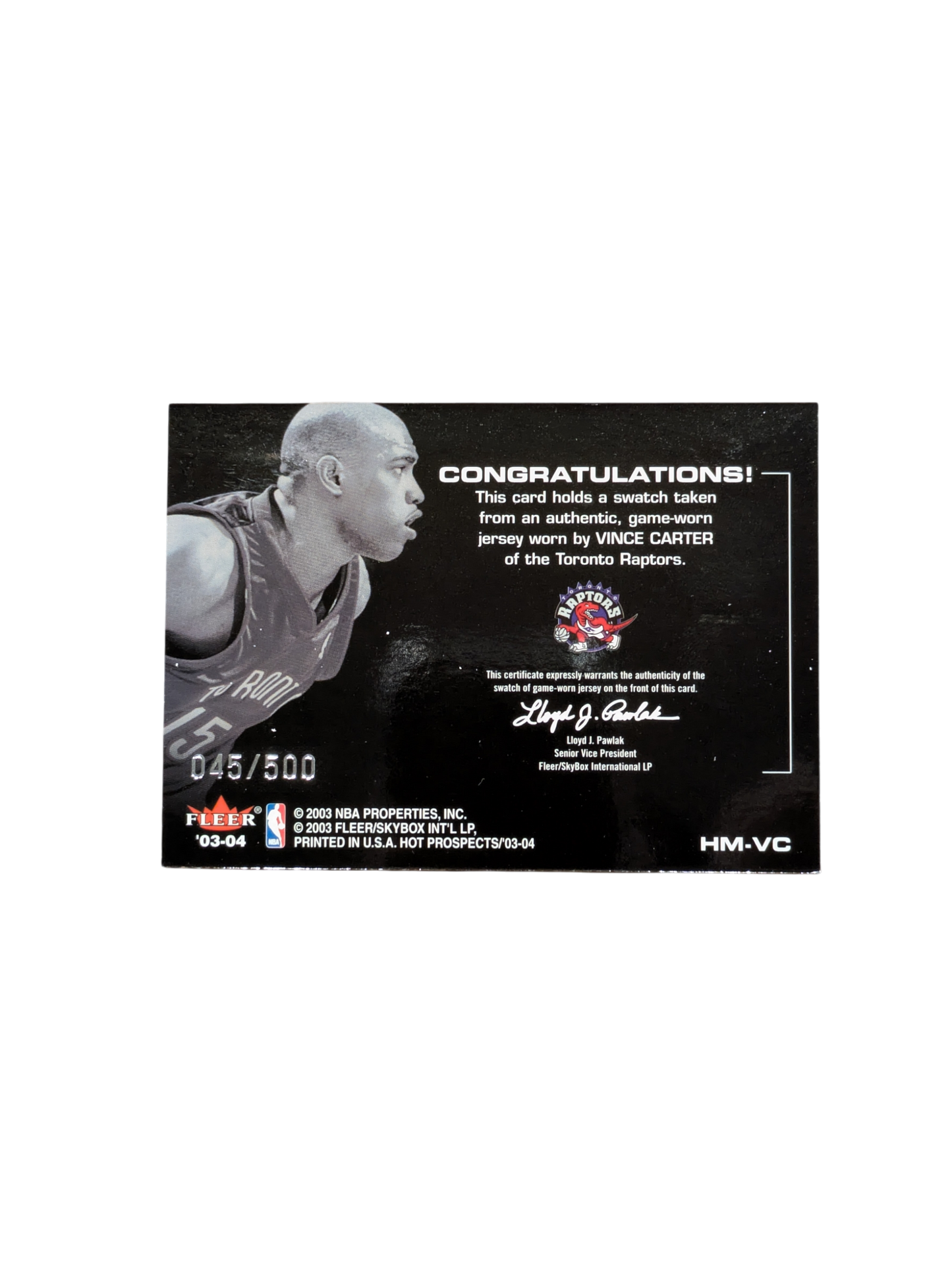 2003 Fleer Skybox Hot Materials Toronto Raptors Vince Carter Game Worn Patch 045/500 card