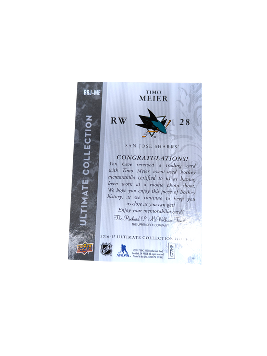 2017 Upper Deck Ultimate Collection San Jose Sharks Timo Meier Patch 74/99 card
