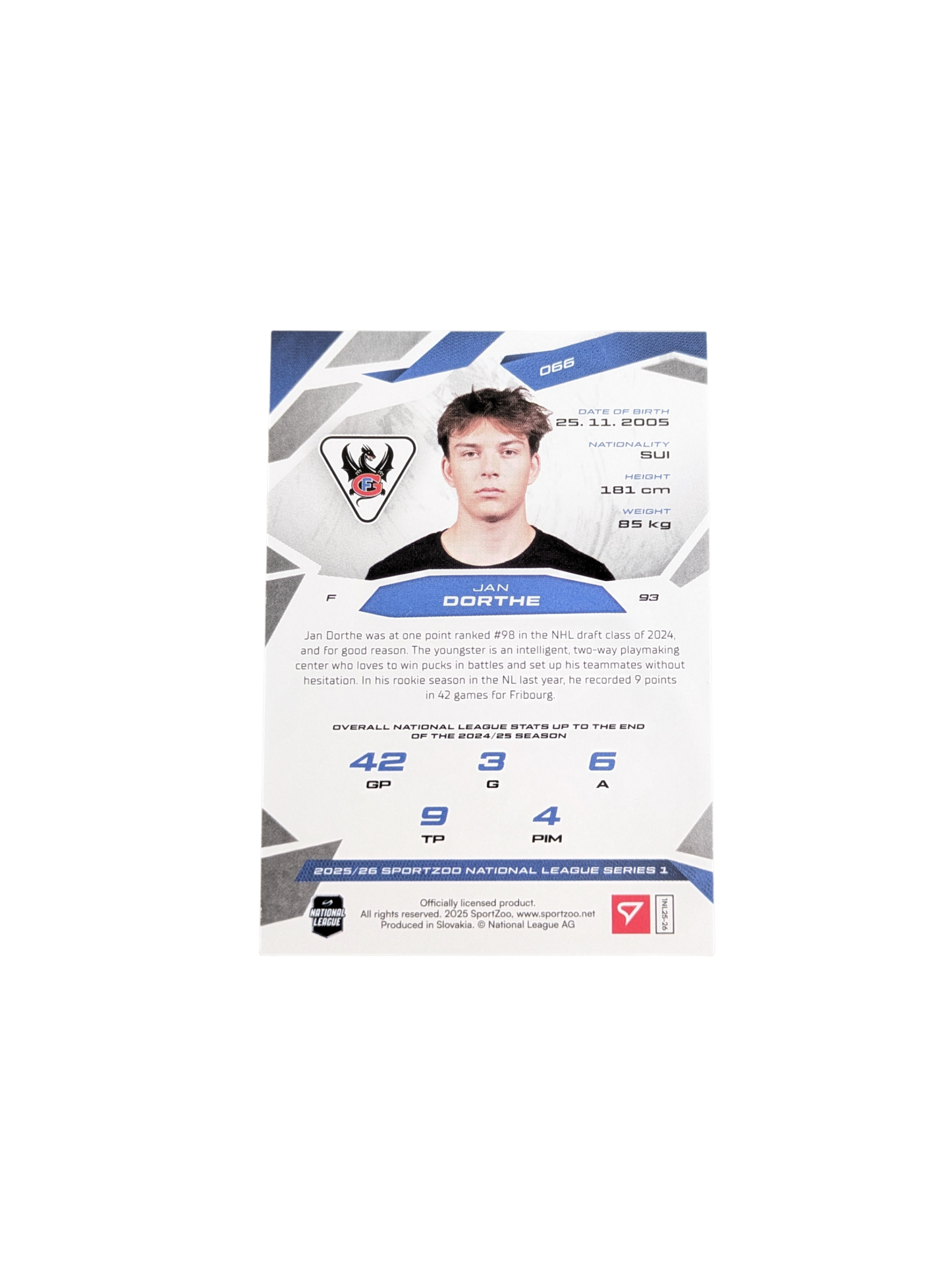 2026 SportZoo National League Fribourg Gottéron Jan Dorthe 08/30 card
