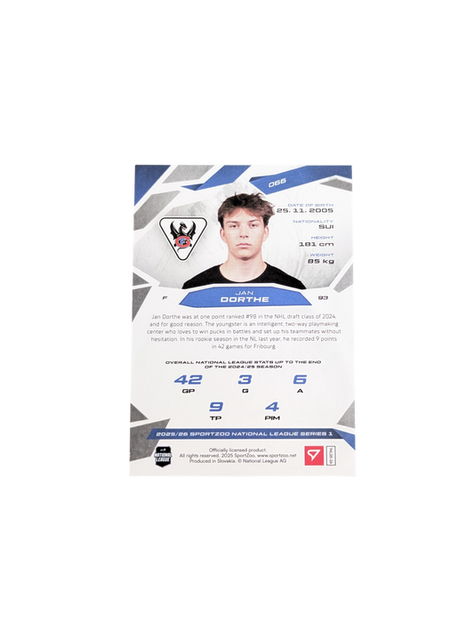 2026 SportZoo National League Fribourg Gottéron Jan Dorthe 08/30 card