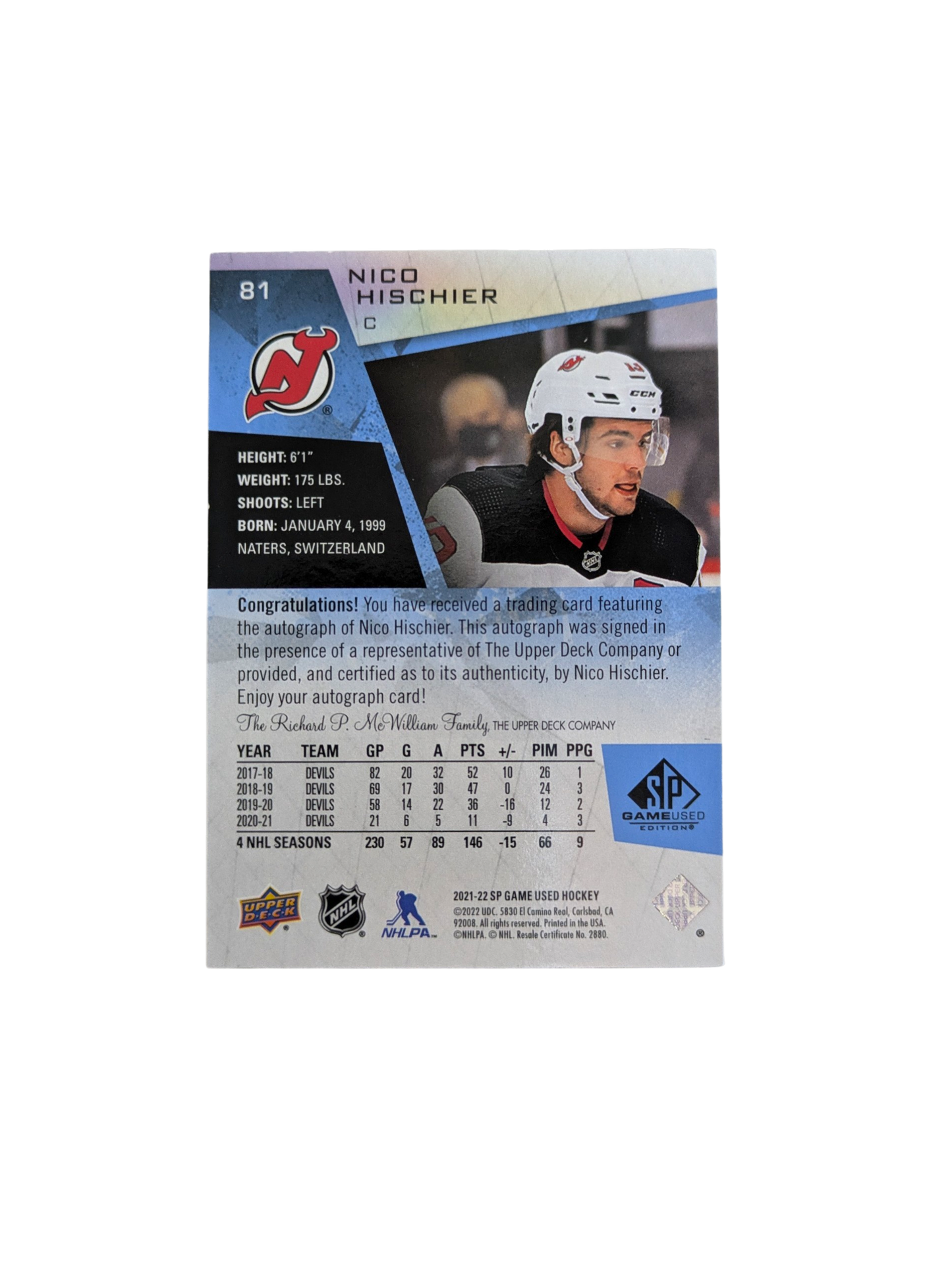 2021-22 Upper Deck SP Game Used New Jersey Devils Nico Hischier Auto Card