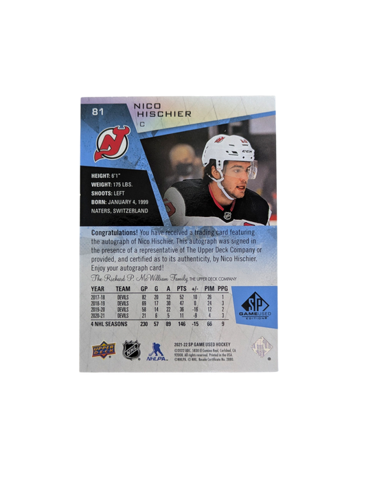 2021-22 Upper Deck SP Game Used New Jersey Devils Nico Hischier Auto Card