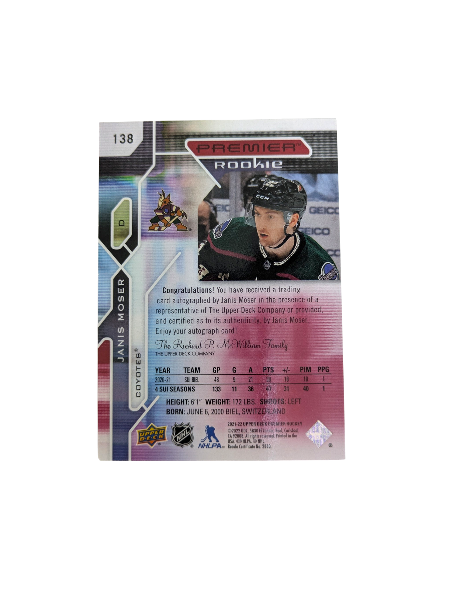 2021-22 Upper Deck Premier Rookie Phoenix Coyotes Janis JJ Moser Auto card