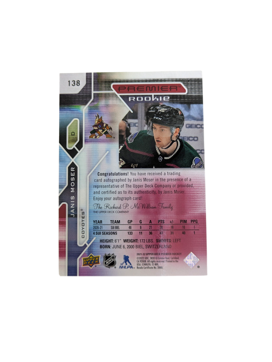 2021-22 Upper Deck Premier Rookie Phoenix Coyotes Janis JJ Moser Auto card