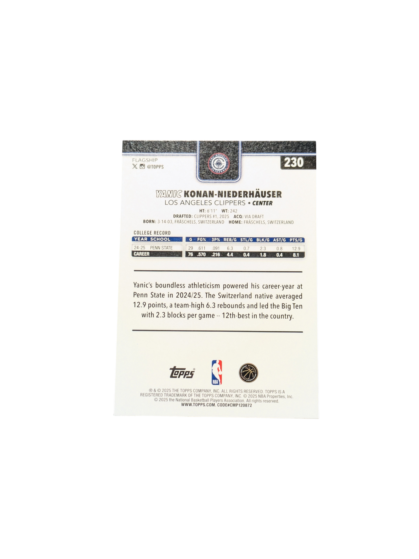 2025/26 Topps Flagship Los Angeles Clippers Yanic Konan Niederhauser Rookie card
