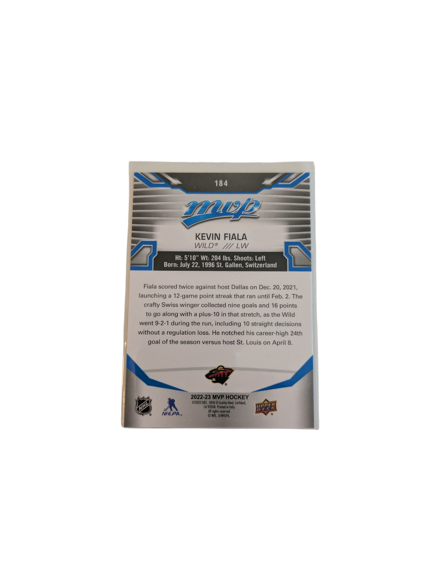 2022 Upper Deck MVP Minnesota Wild Kevin Fiala #184 Card