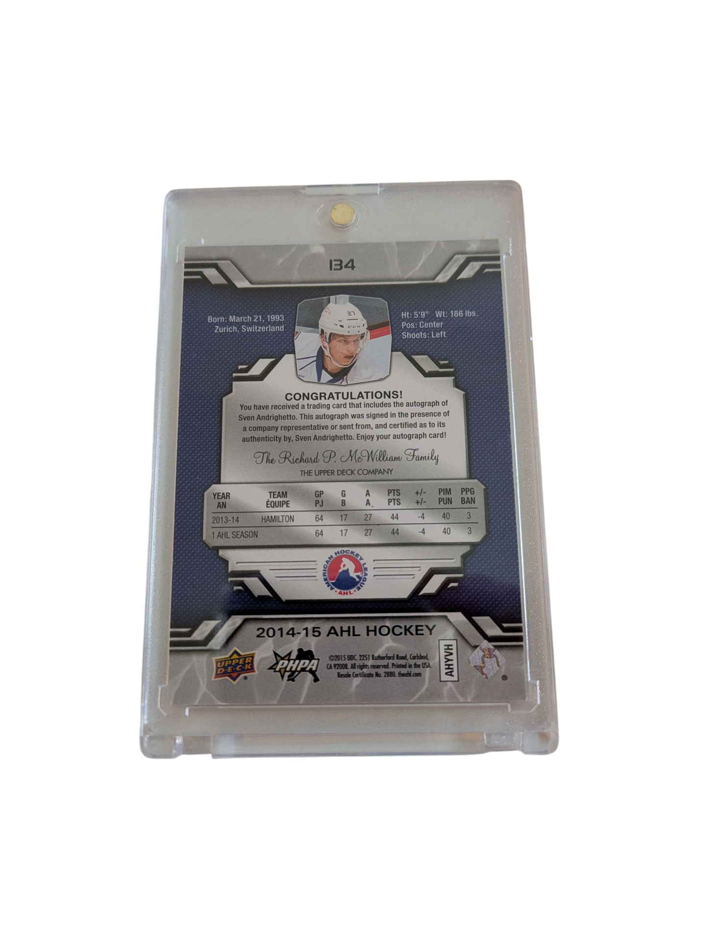 2015 Upper Deck AHL Hockey Hamilton Bulldogs Sven Andrighetto Auto Card