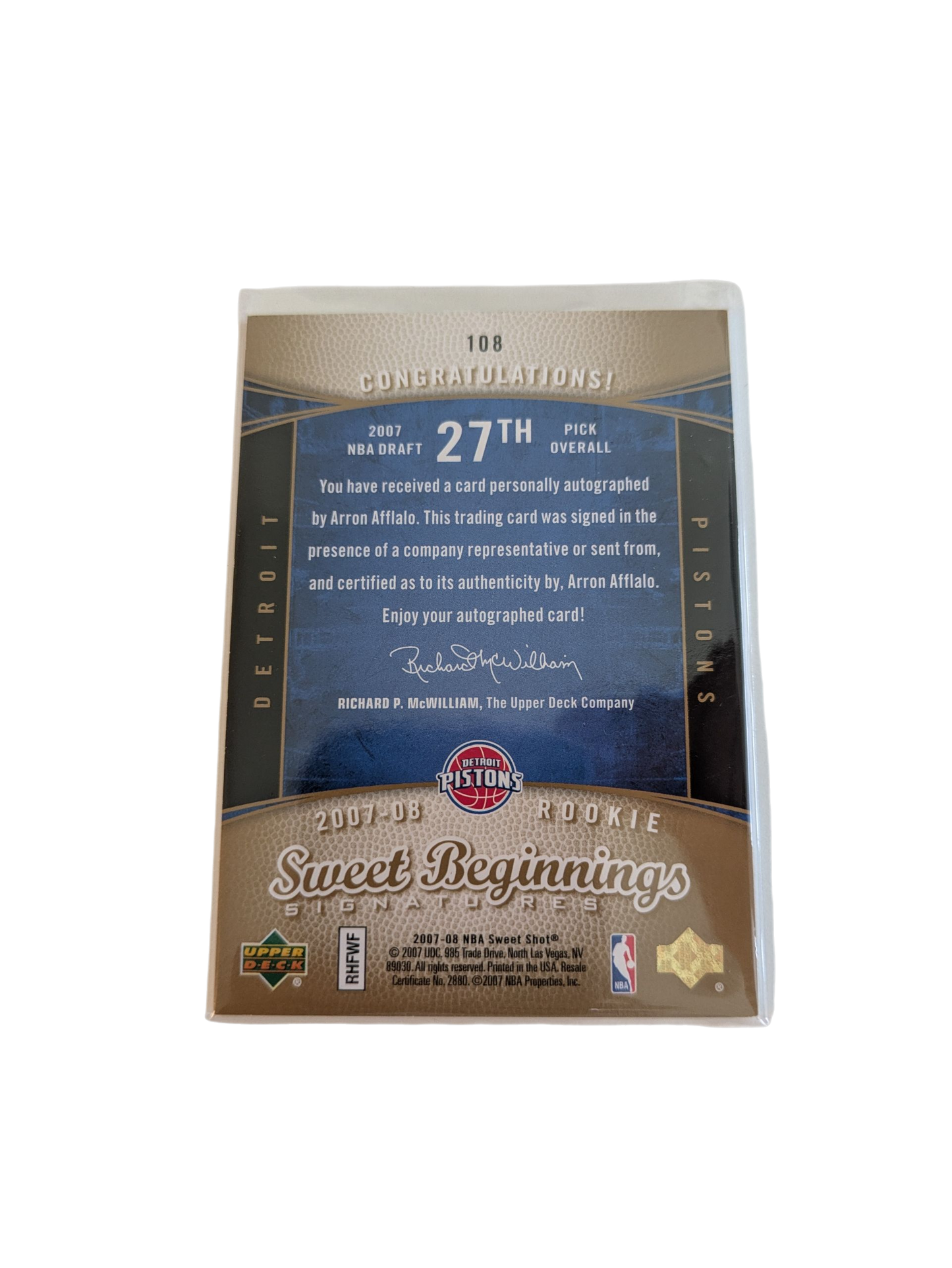 2007 Upper Deck Sweet Beginnings Signatures Detroit Pistons Arron Afflalo Auto Card