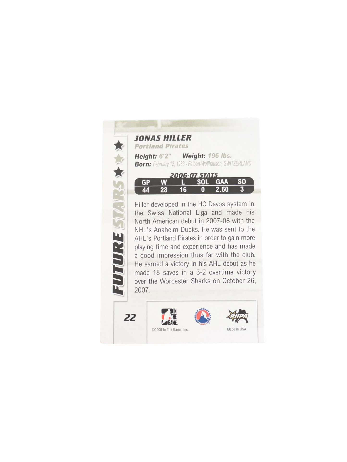 2008 In The Game Portland Pirates Jonas Hiller #22 card