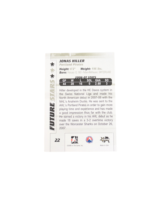 2008 In The Game Portland Pirates Jonas Hiller #22 card