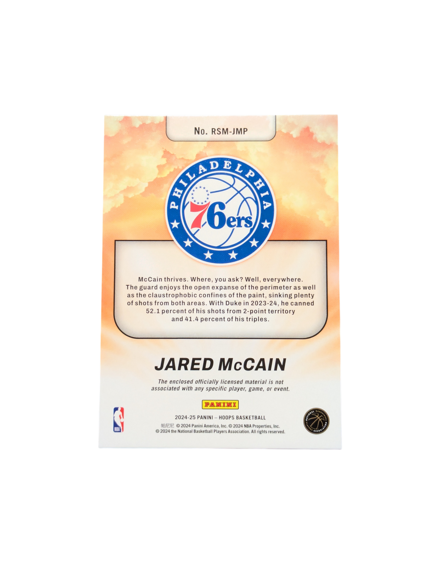 2024/25 Panini NBA Hoops Rise n Shine Philadelphia Sixers Jared McCain Patch Rookie card