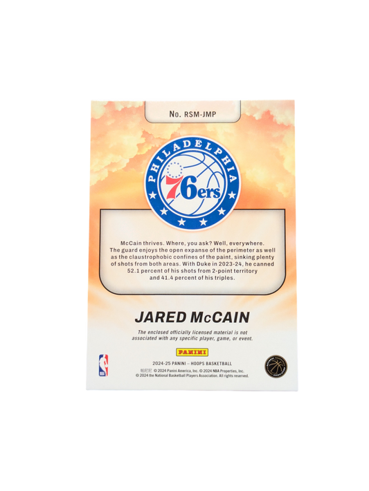 2024/25 Panini NBA Hoops Rise n Shine Philadelphia Sixers Jared McCain Patch Rookie card