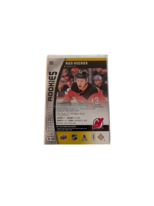 2017 Upper Deck Authentic Rookies New Jersey Devils Nico Hischier Jersey /199 Patch card