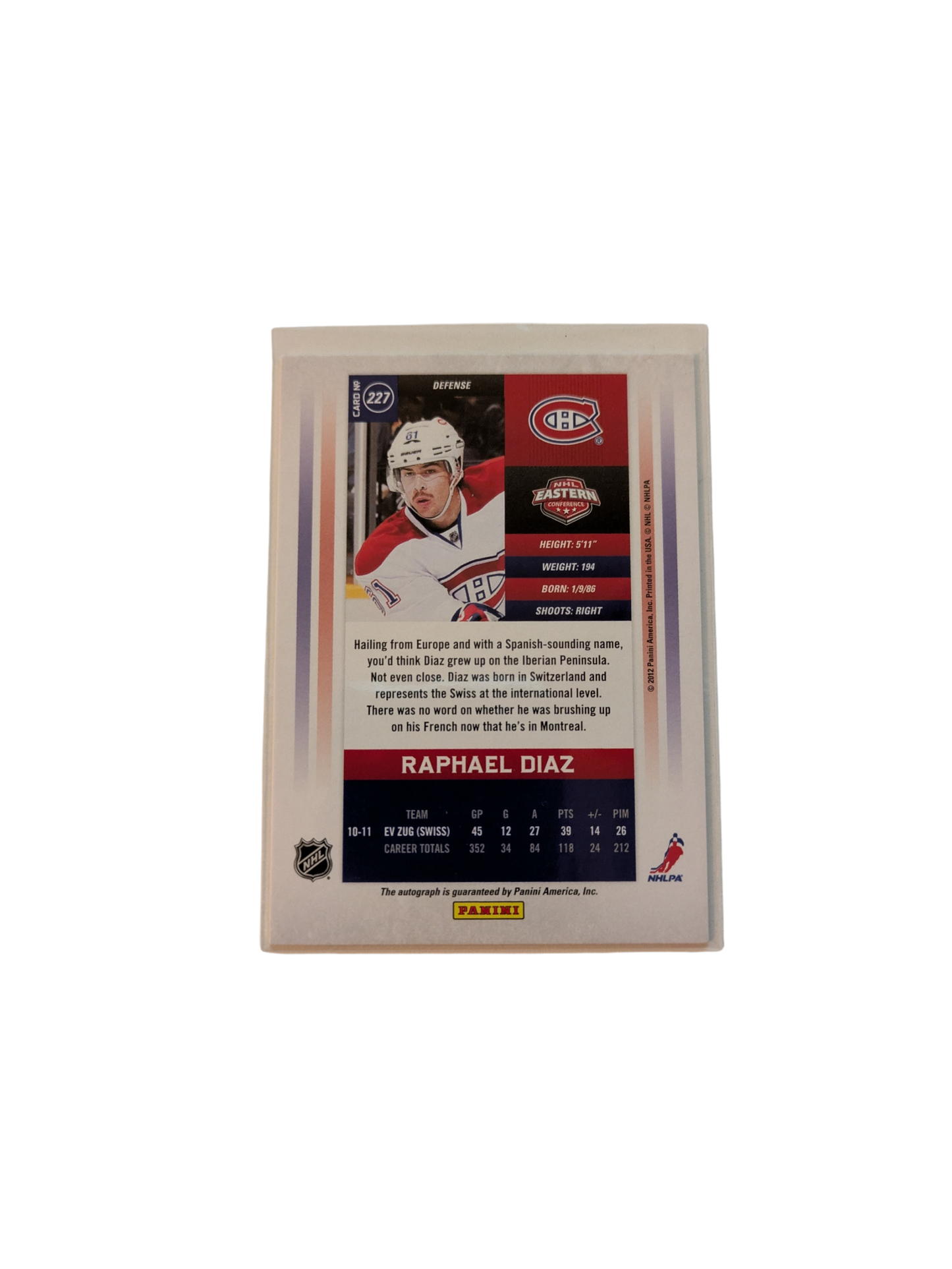 2011 Panini Contenders Montreal Canadiens Raphael Diaz /800 Auto card