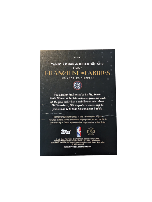 2025 Topps Franchise Fabrics Los Angeles Clippers Yanic Konan Niederhauser Rookie Jersey Patch card
