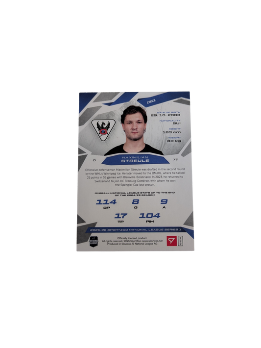 2025-26 SportZoo National League Series 1 Hockey Fribourg-Gottéron Streule 1/1 Card