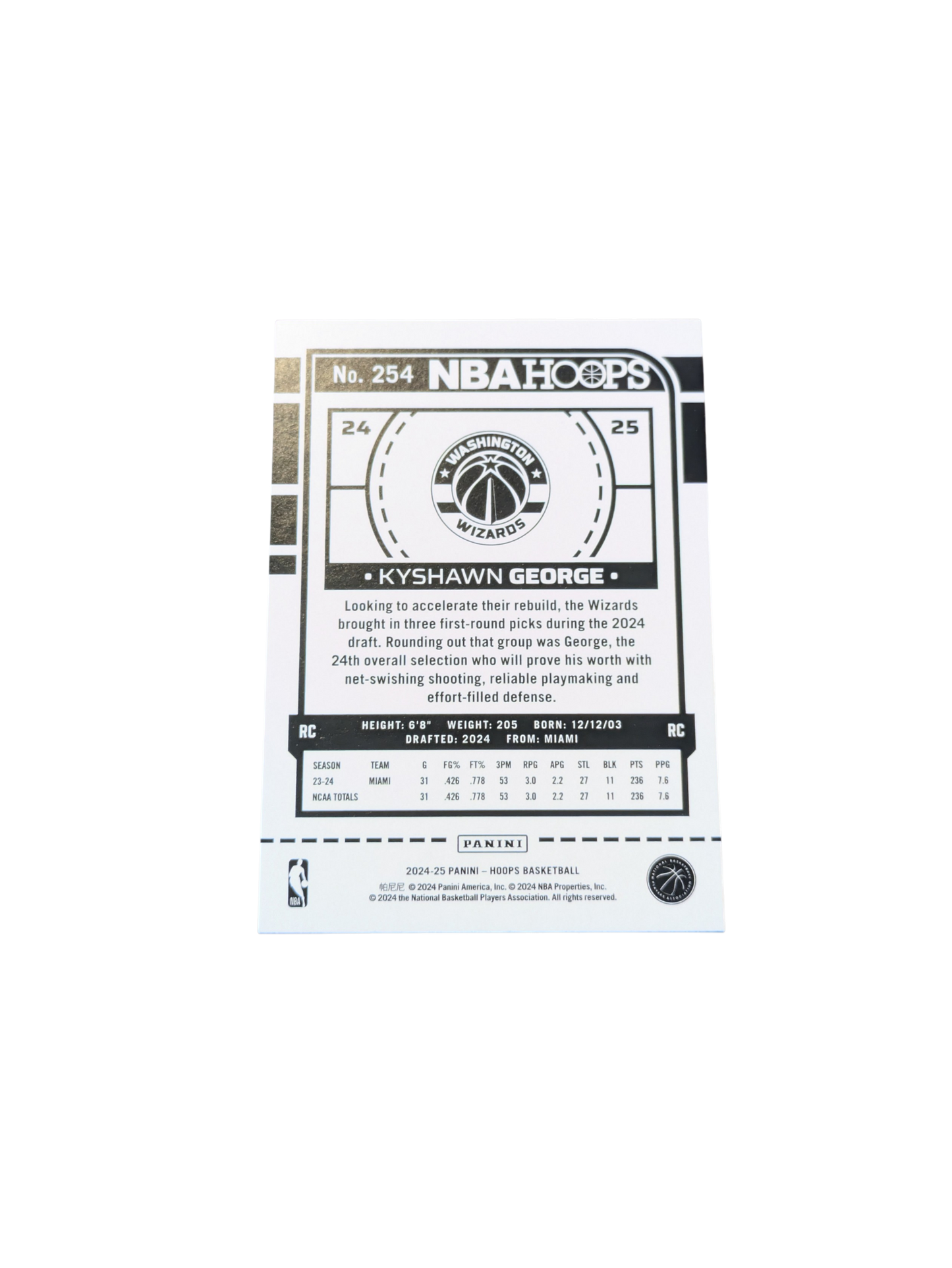 2024 Panini NBA Hoops Washington Wizards Kyshawn George #254 Rookie card
