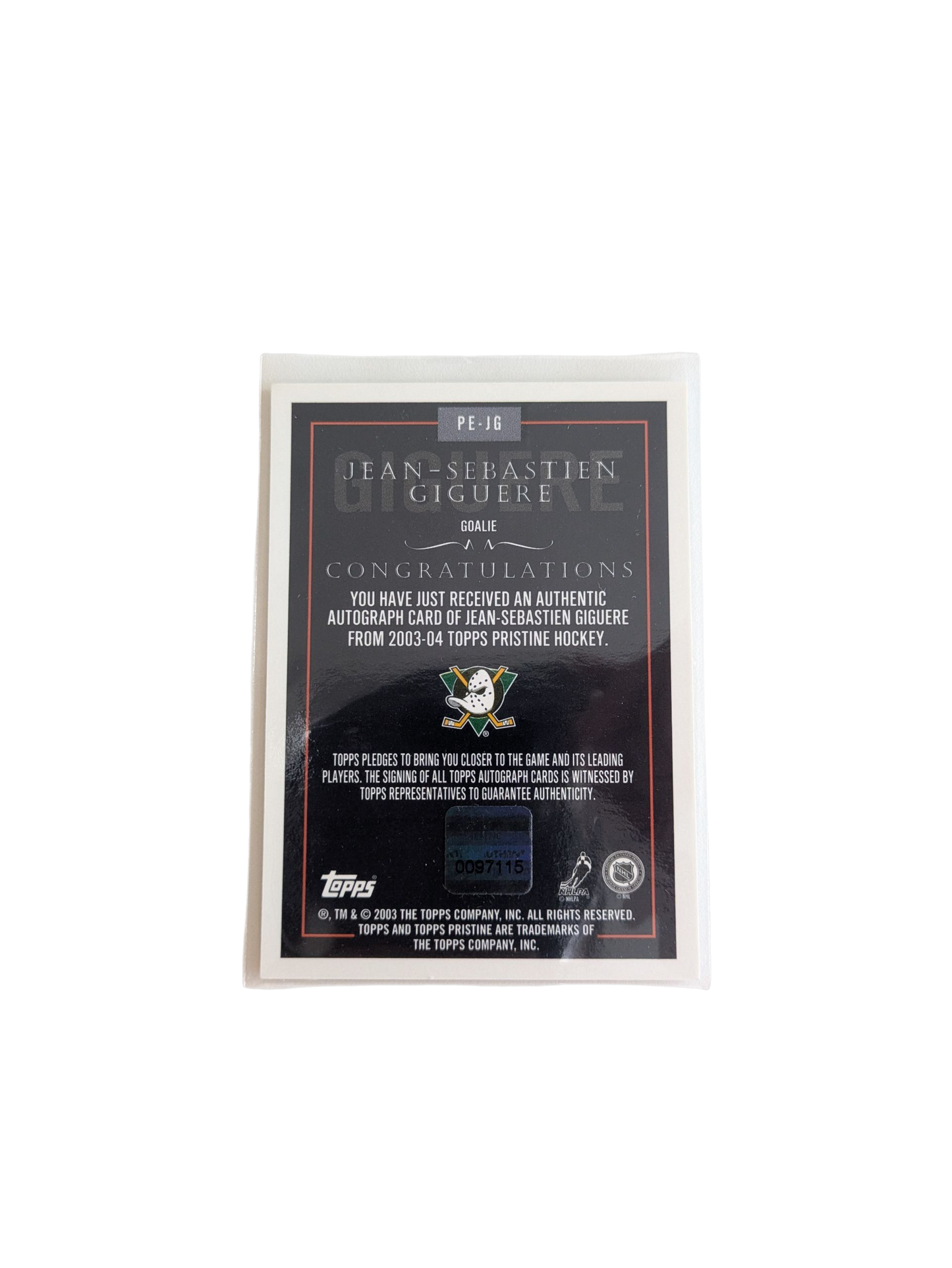 2003 Topps Mighty Ducks of Anaheim Jean-Sebastien Giguere Auto Card