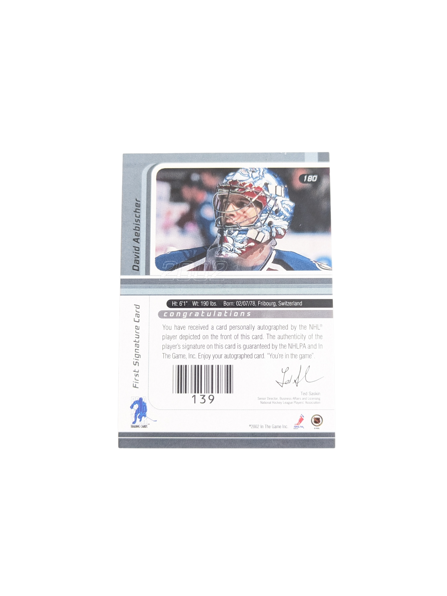 2002 In the Game Signature Series Colorado Avalanche David Aebischer Auto card