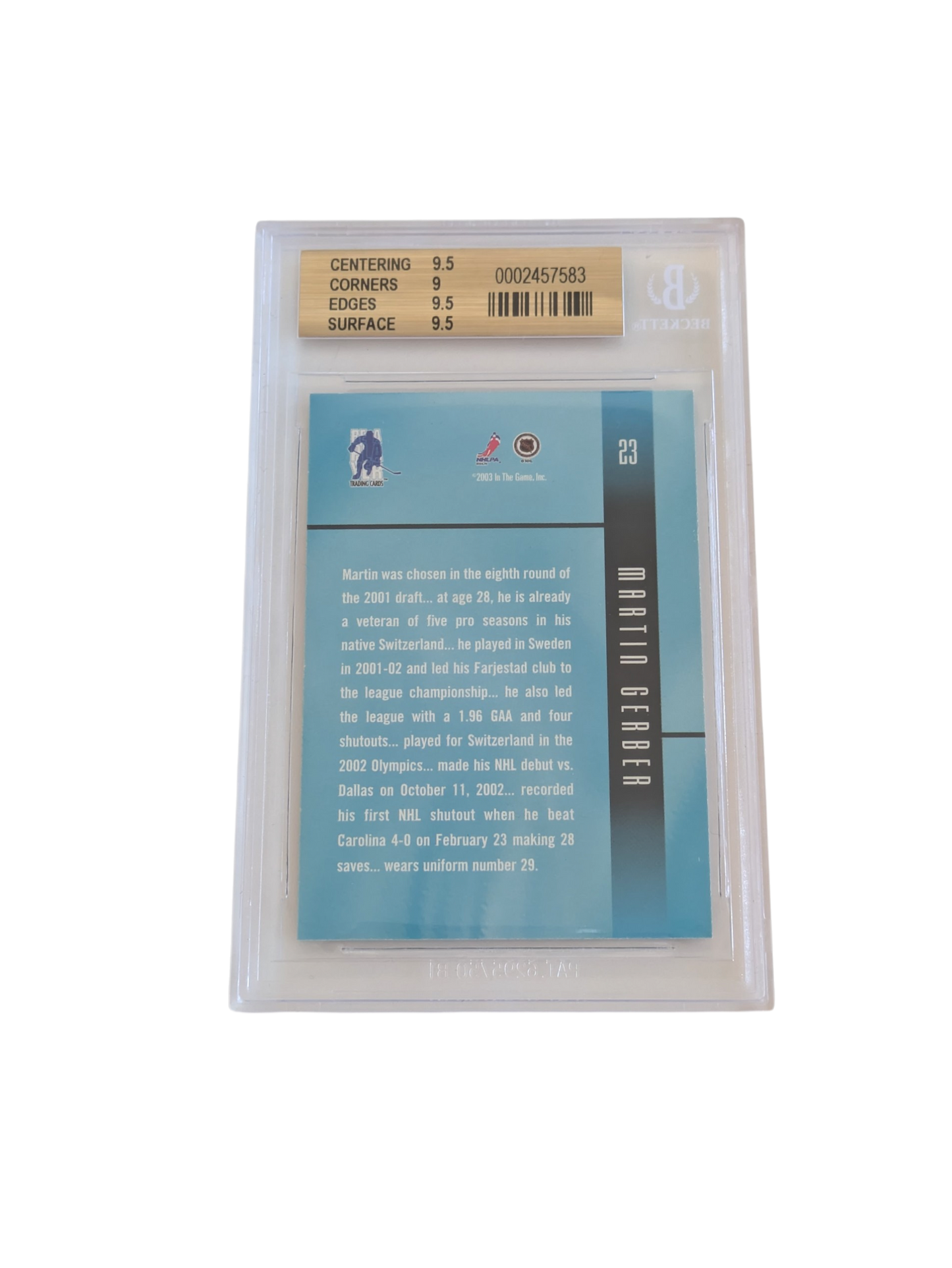 2003 In The Game Anaheim Mighty Ducks Martin Gerber Ultimate Memorabilia Beckett card