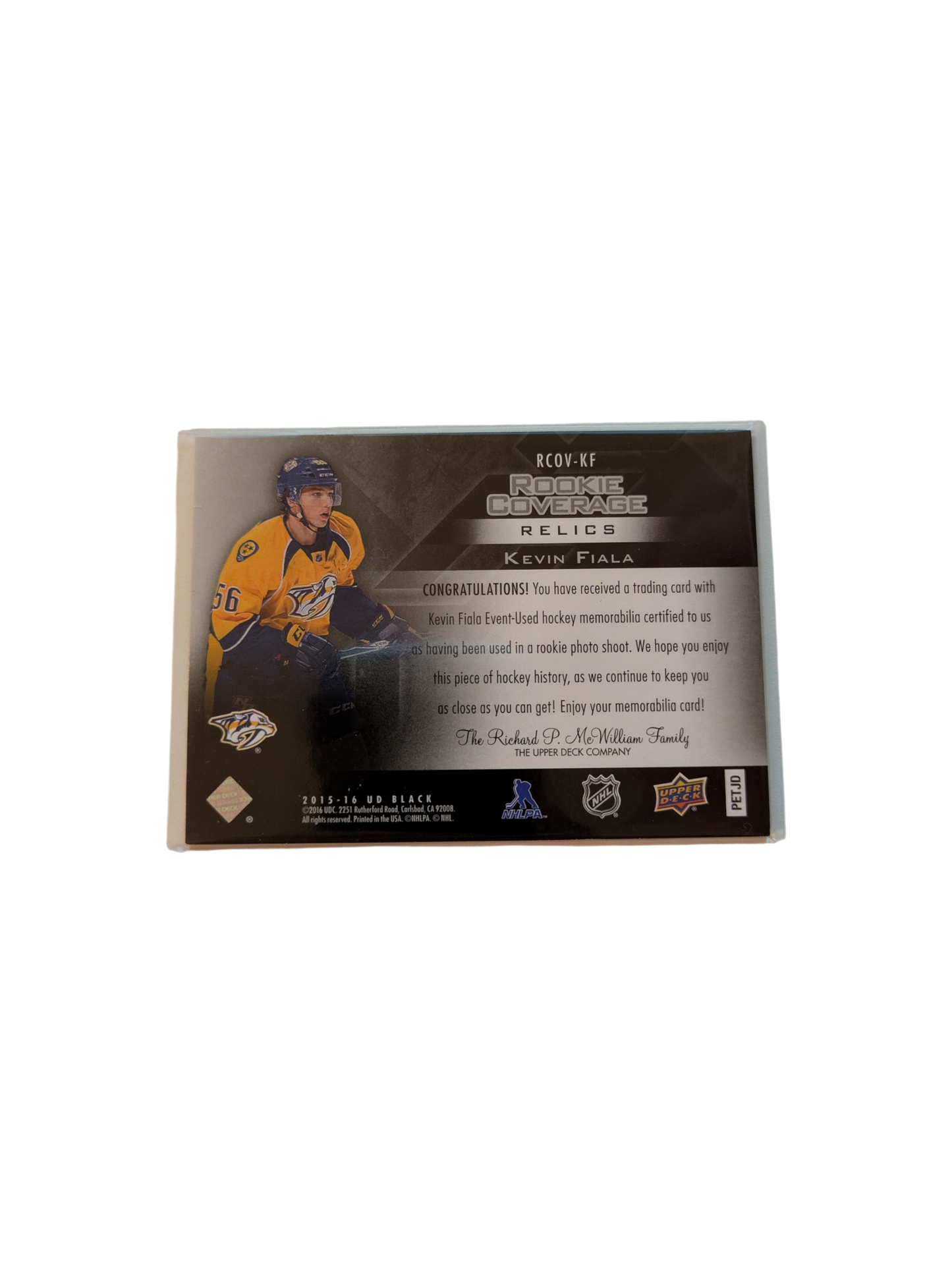 2015 Upper Deck Black Rookie Coverage Nashville Predators Kevin Fiala Jersey Patch card