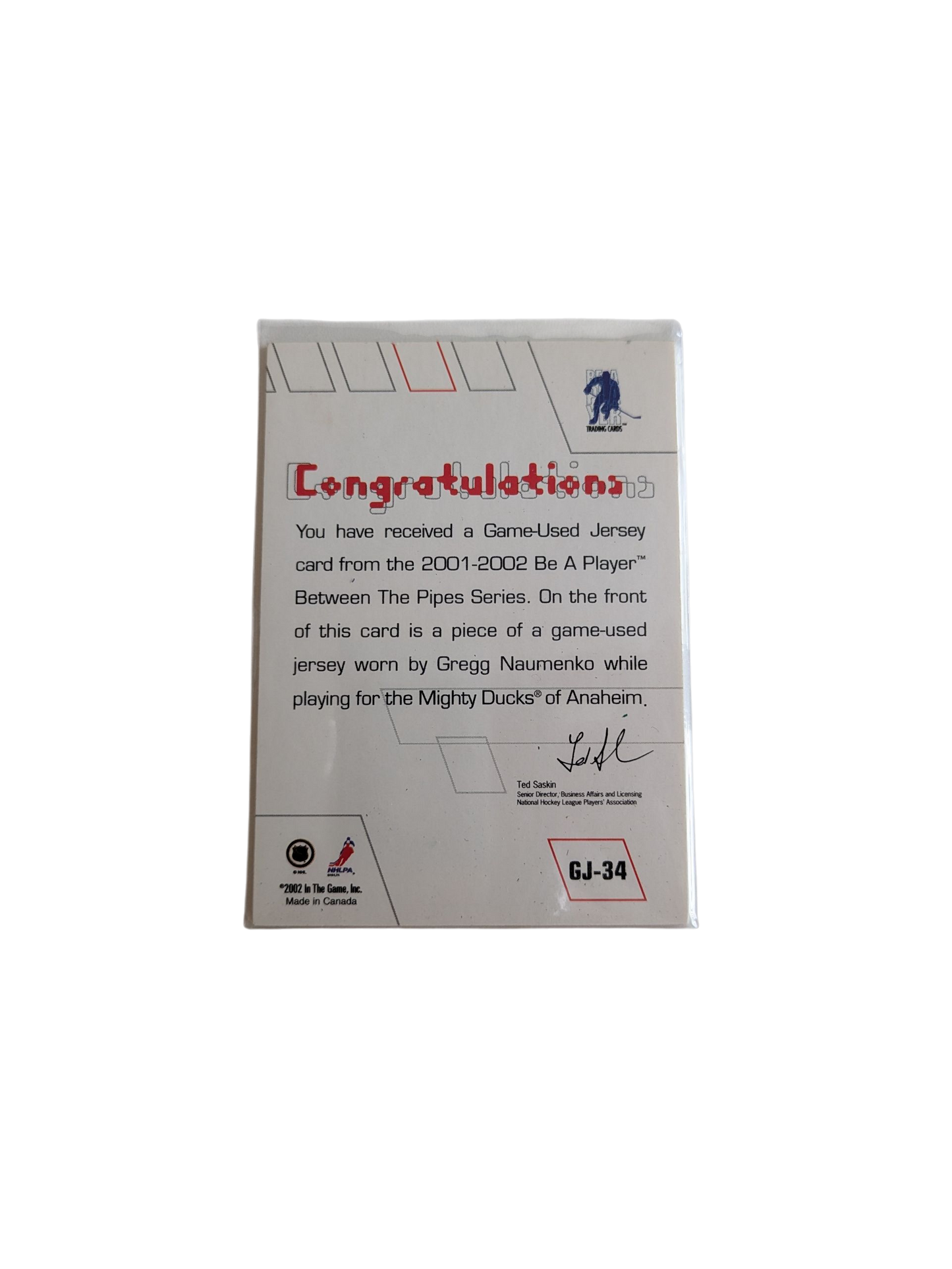 2002 In The Game Mighty Ducks of Anaheim Gregg Naumenko Patch Card